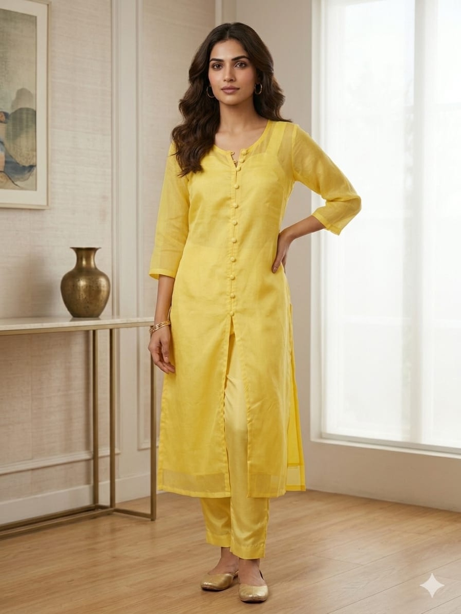 YELLOW CHIFFON WITH BUTTON DETAILED FRONT CUT KURTA SET BY KAENORA