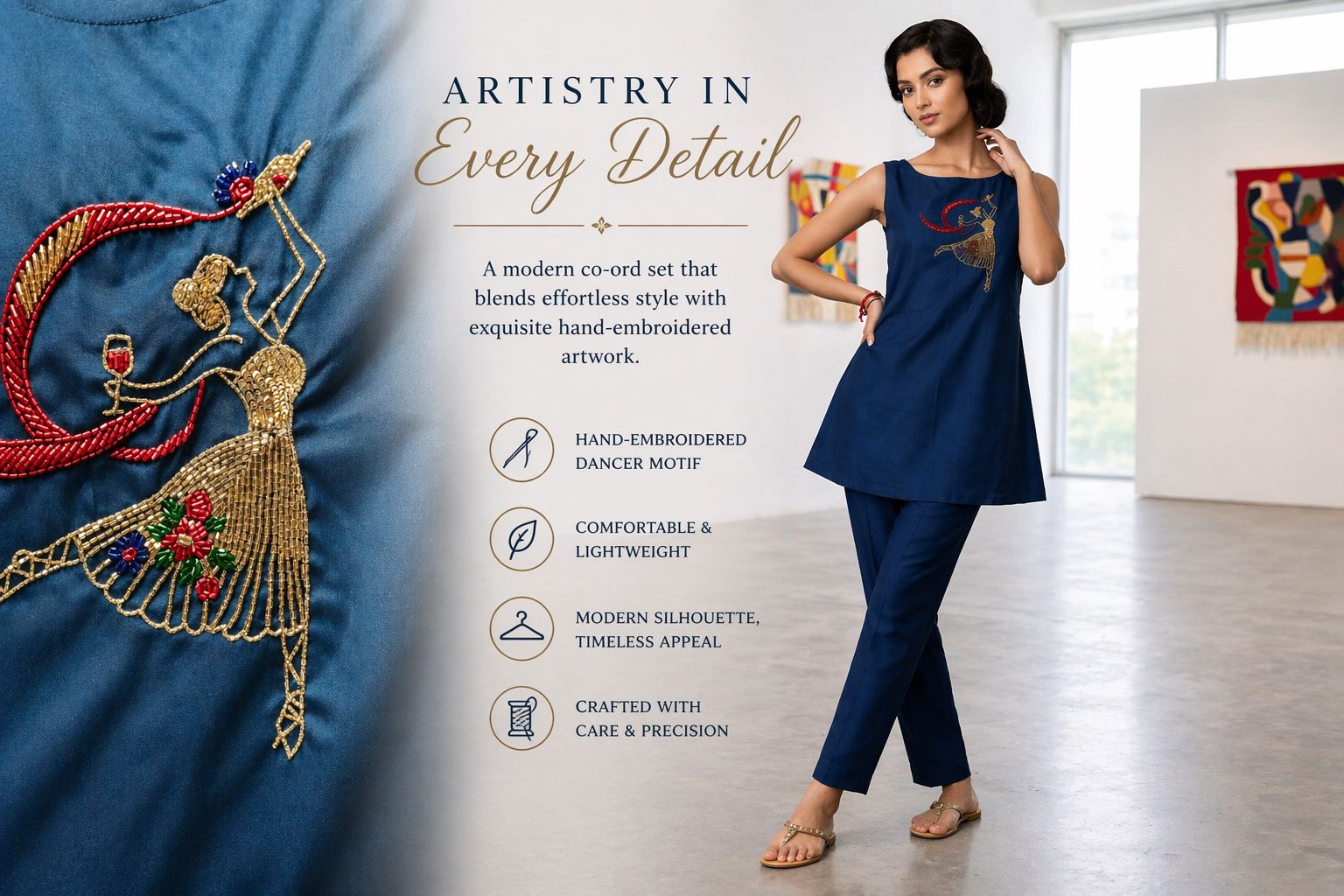 Modern Navy Blue Co-ord Set with Hand-Embroidered Dancer Motif