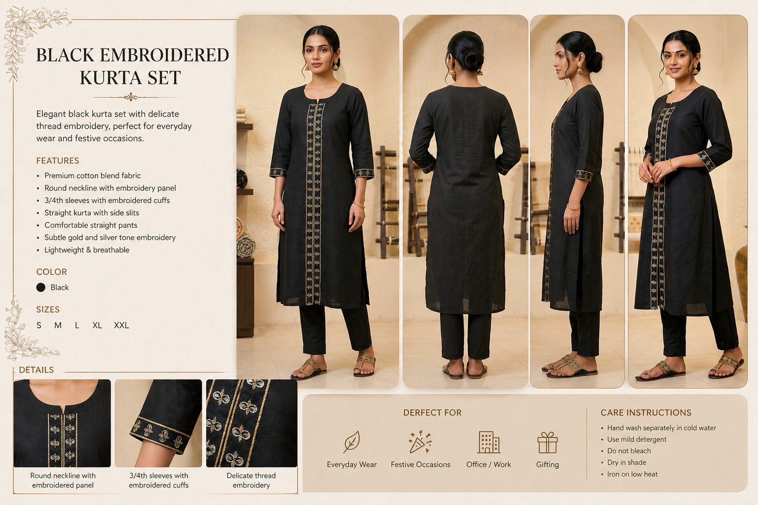KAENORA: Elegant Black Embroidered Kurta Set: A Perfect Blend of Everyday Comfort and Festive Style