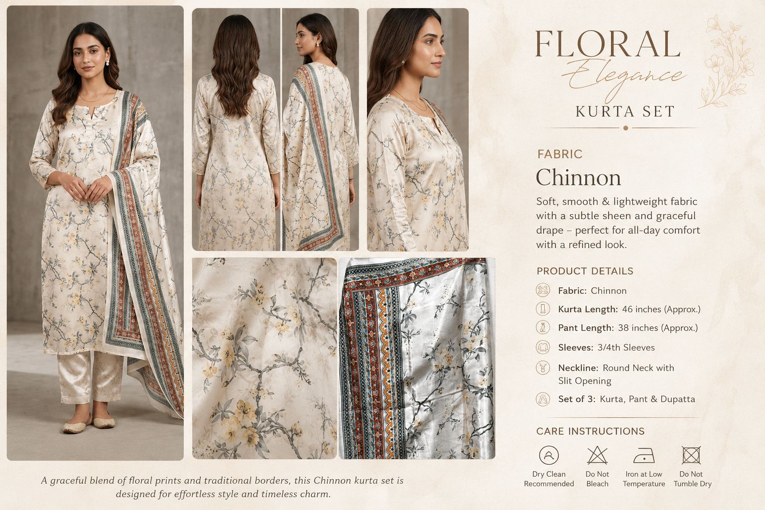 Elegant Floral Chinnon Kurta Set: A Perfect Blend of Comfort & Style By Kaenora